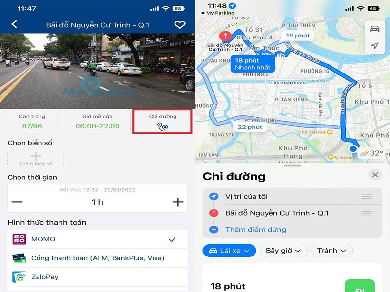 Giao diện ứng dụng MyParking hiển thị danh sách các bãi đỗ xe ô tô có sẵn