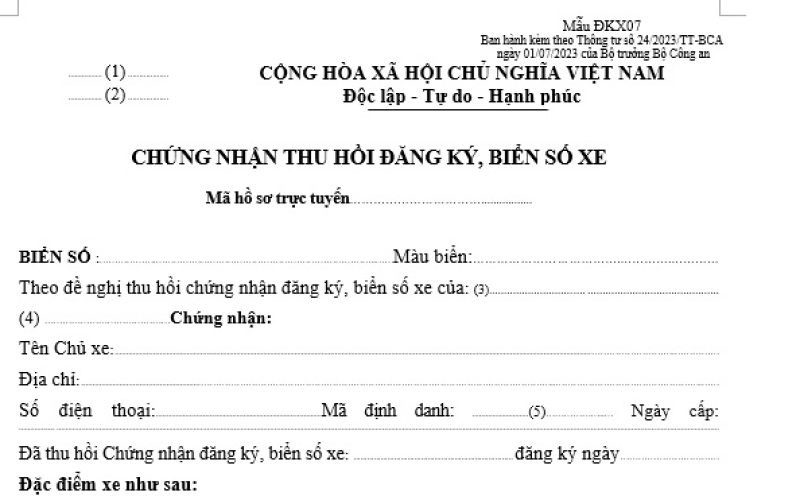 Hồ sơ và biển số xe ô tô công ty cần thu hồi