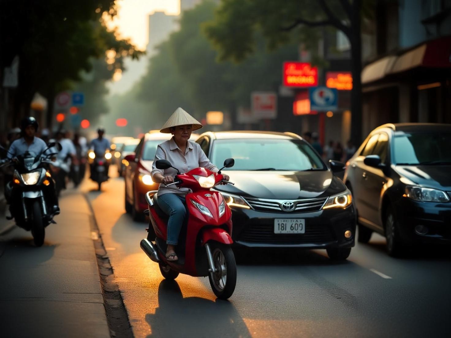 Va chạm nguy hiểm khi xe máy tạt đầu ô tô trên đường