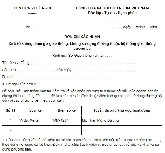mẫu đơn xin xác nhận xe ô tô không tham gia giao thông theo Nghị định 90