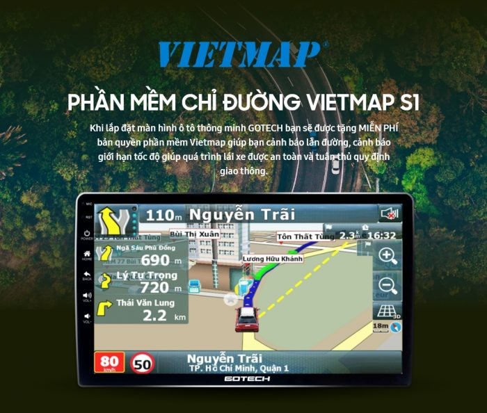 Ứng dụng Vietmap S1 trên màn hình lắp trên xe ô tô GOTECH