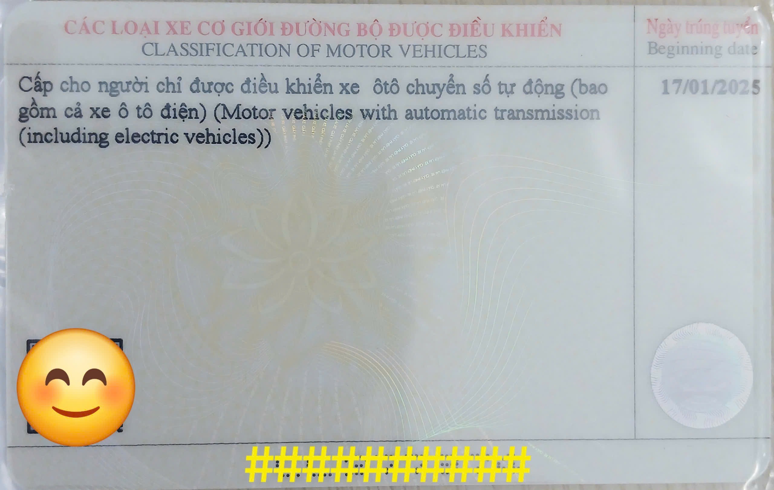 Mặt sau bằng lái xe hạng B số tự động mẫu mới