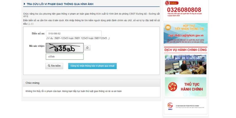 Thông tin phạt nguội xe ô tô tại Sài Gòn hiển thị sau khi tra cứu trên trang CSGT
