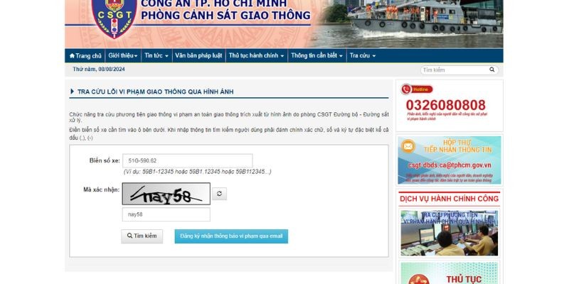 Nhập biển số và mã xác nhận để tra cứu phạt nguội xe ô tô TPHCM trên website CSGT