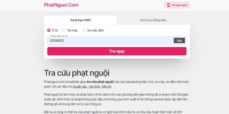 Nhập biển số xe ô tô để tra cứu phạt nguội TPHCM trên Phatnguoi.com