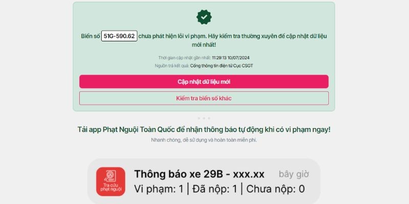 Kết quả tra cứu phạt nguội xe ô tô tại TPHCM hiển thị chi tiết lỗi vi phạm