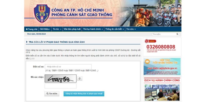 Trang chủ website Cảnh sát Giao thông TPHCM để tra cứu phạt nguội